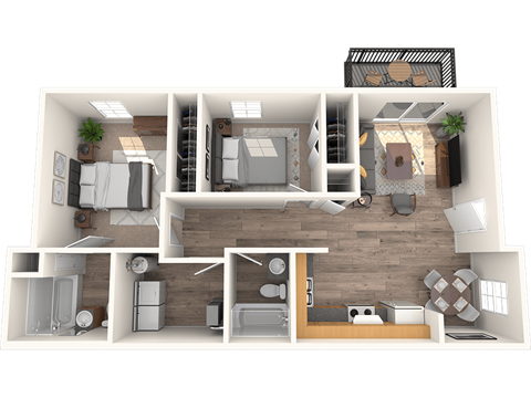 Floor plan for 2 beds, 2 baths, 879 sqft